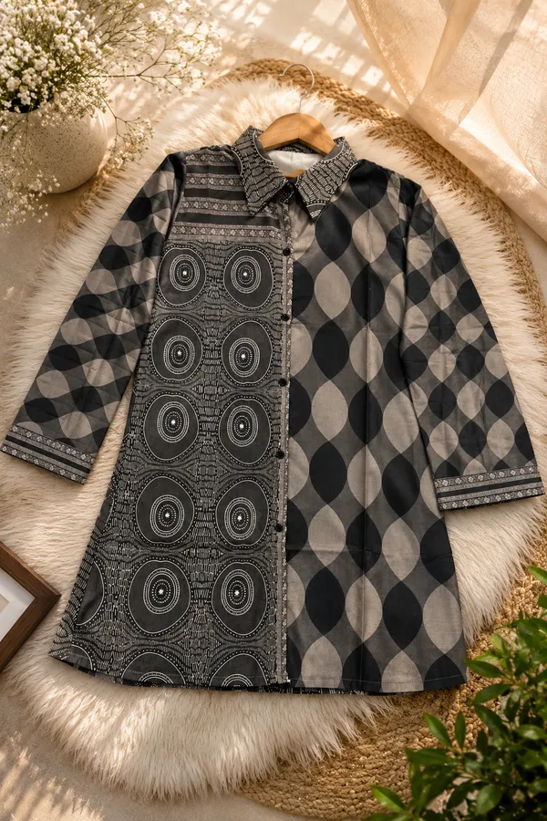 Women’s-Poly-Muslin-Printed-Shirt-|-Charcoal-Black-&-Dove-Grey-Geometric-Print-|-Collared-Button-Down-Shirt-|-3-4-Sleeve
