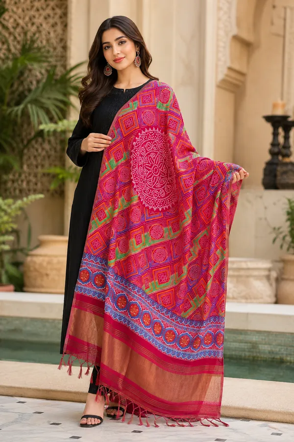 Deep-Fuchsia-Gaji-Silk-Geometric-Printed-Dupatta-with-Royal-Blue-Zari-Border