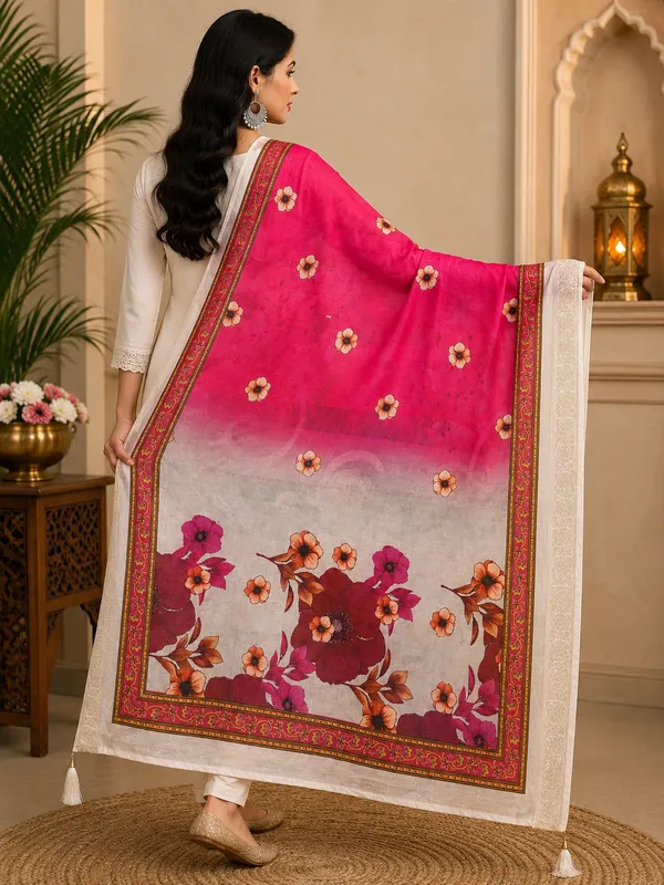 Women’s_Muslin_Jacquard_Floral_Digital_Print_Dupatta_–_Rani_Pink_&_Ivory_White