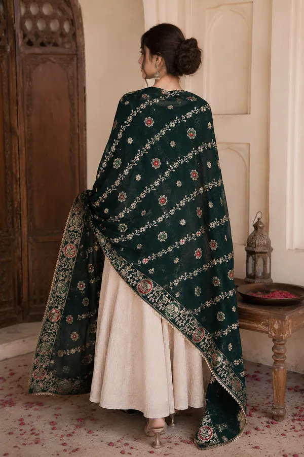 Women’s-Georgette-Embroidered-Dupatta-–-Dark-Bottle-Green