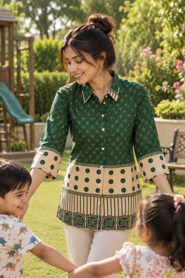 Women’s-Poly-Muslin-Printed-Shirt-|-Bottle-Green-&-Cream-Polka-Dot-Geometric-Print-|-Collared-Button-Down-Shirt-|-3-4-Sleeve