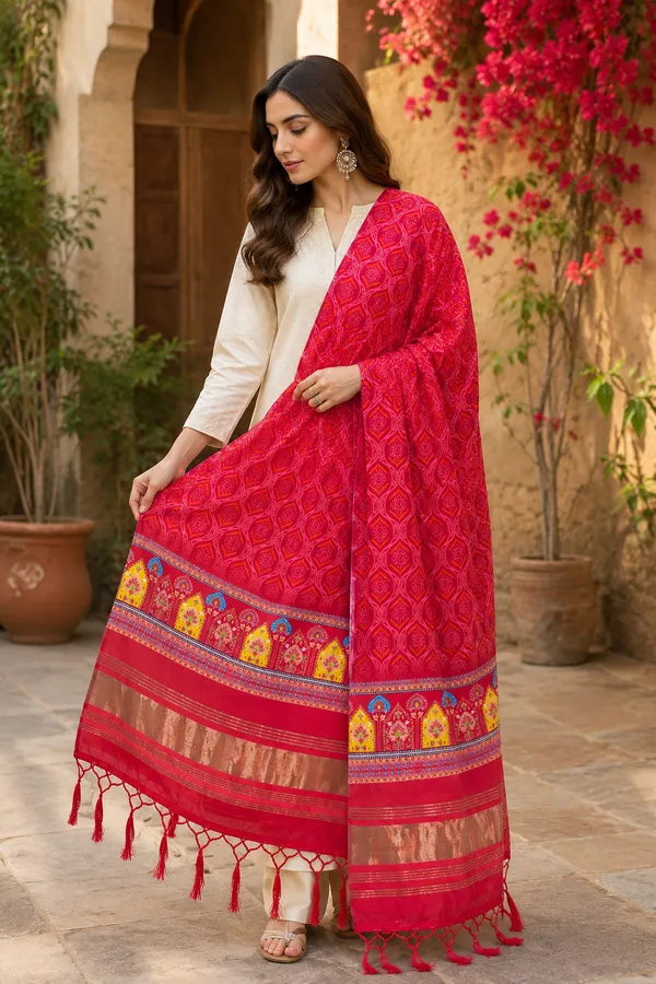 Gaji-Silk-Rani-Pink-Dupatta-for-Women-with-Gold-Zari-&-Traditional-Multicolor-Woven-Border