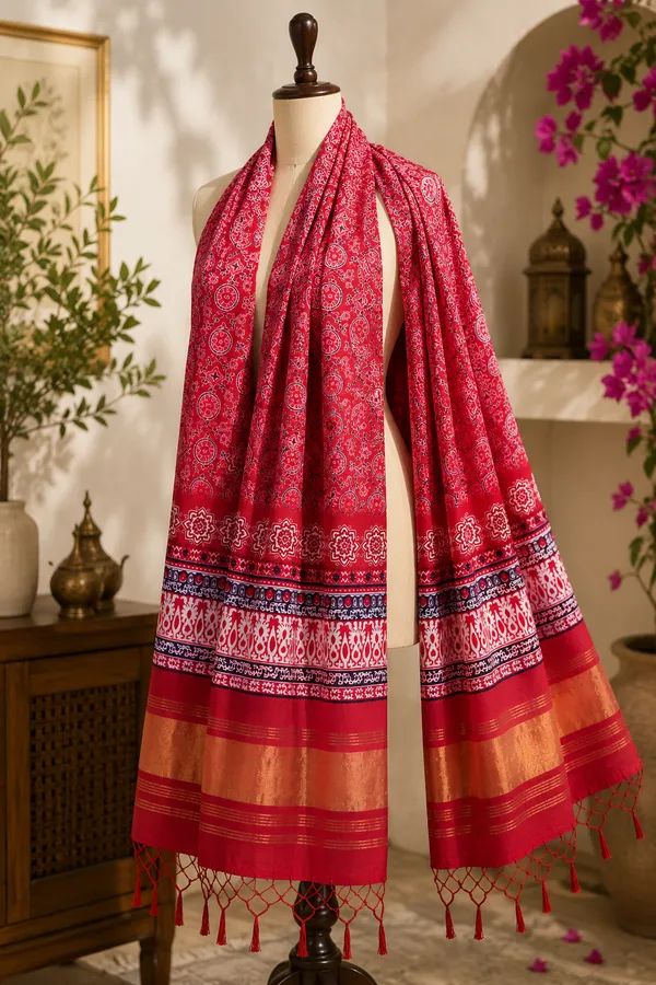 Maroon-Gaji-Silk-Printed-Dupatta-with-Zari-Border