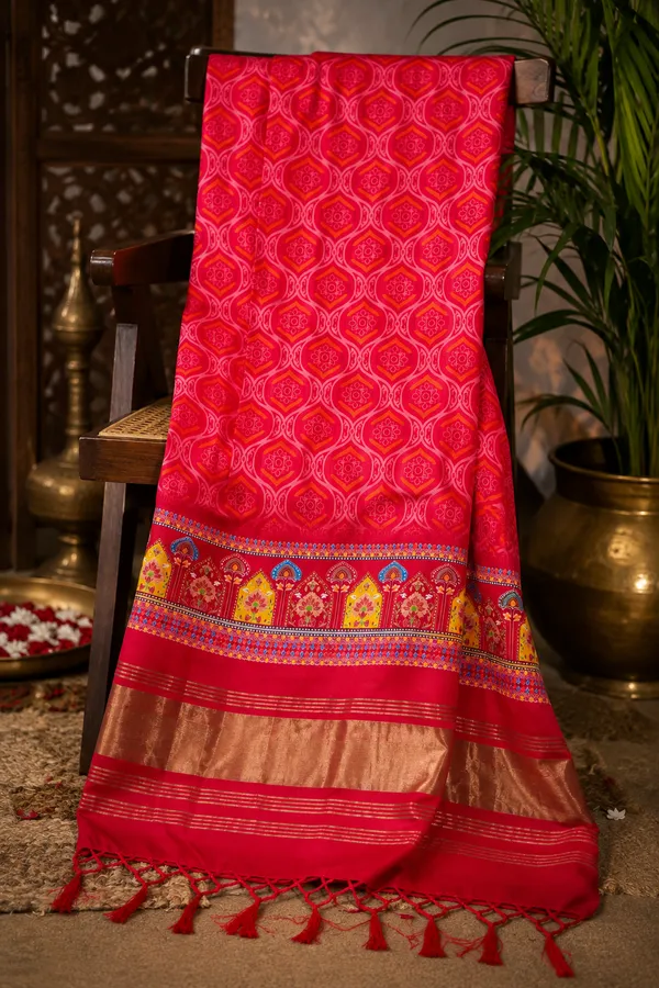 Gaji-Silk-Rani-Pink-Dupatta-for-Women-with-Gold-Zari-&-Traditional-Multicolor-Woven-Border