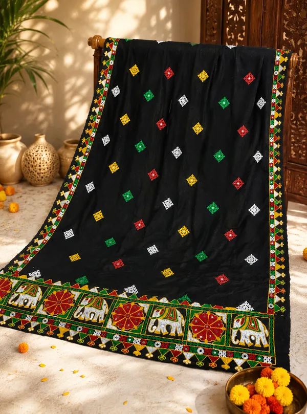 Black_Chanderi_Embroidered_Elephant_Border_Dupatta