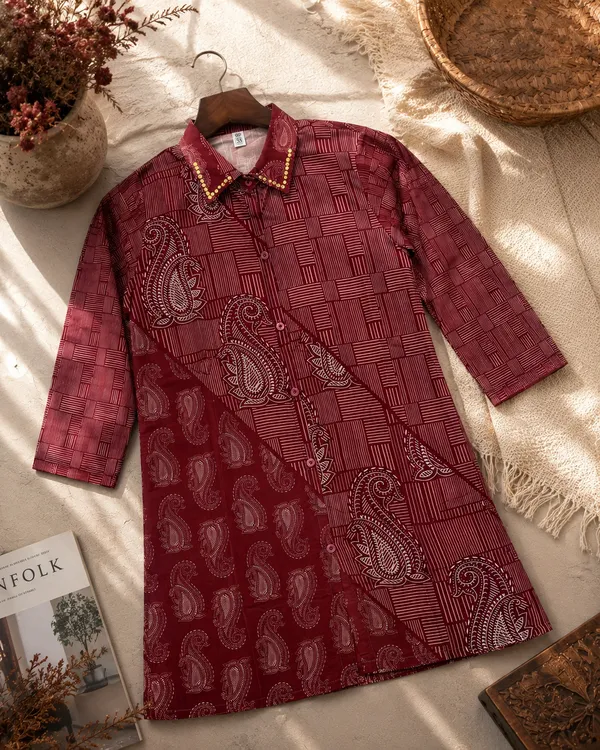 Women’s-Poly-Muslin-Printed-Shirt-|-Wine-Burgundy-Paisley-&-Geometric-Print-|-Collared-Button-Down-Shirt-|-3-4-Sleeve