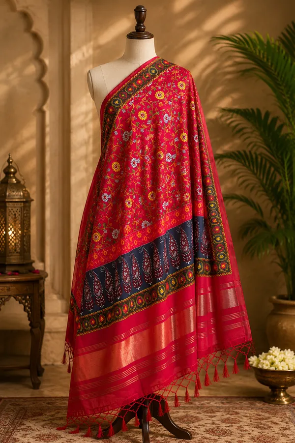 Crimson-Red-Gaji-Silk-Floral-Printed-Dupatta-with-Zari-Border