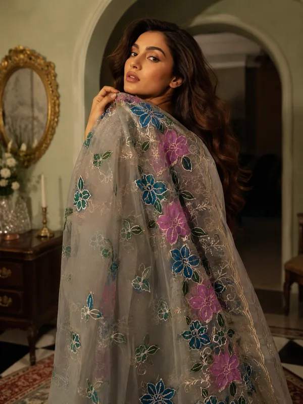 Premium-Taupe(Chikoo)-Organza-Dupatta-with-Multicolor-Floral-Embroidery-|-Lightweight-Designer-Party-Wear-|-Luxury-Ethnic-Dupatta-for-Wome