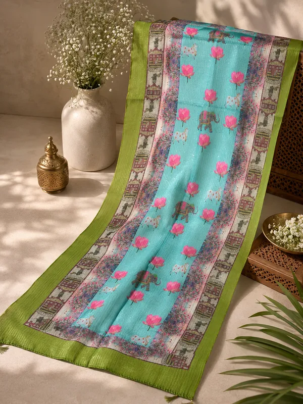 Women’s_Kota_Crochet_Digital_Print_Lotus_&_Elephant_Dupatta_–_Aqua_Blue_&_Olive_Green