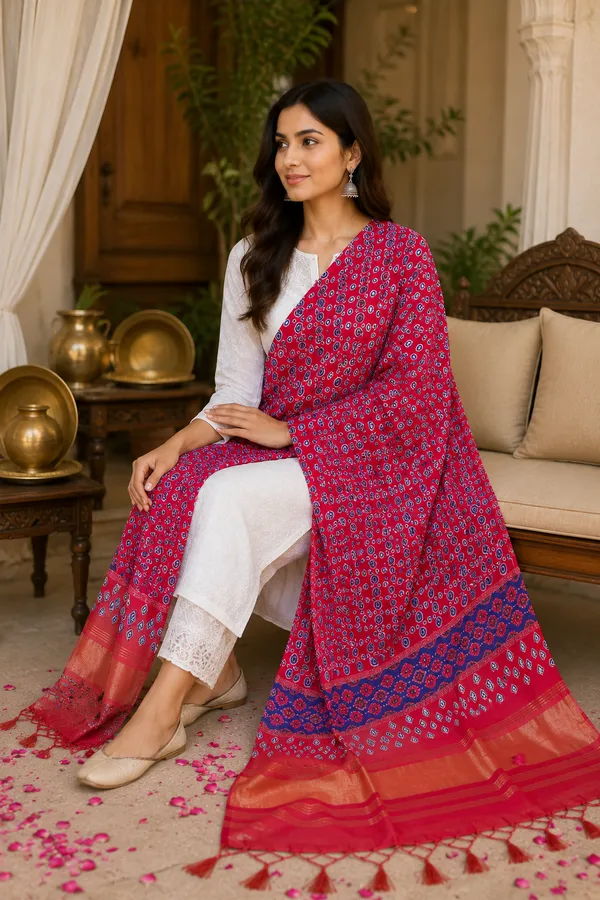 Rani-Pink-&-Royal-Blue-Ajrakh-Printed-Gaji-Silk-Dupatta-with-Zari-Border