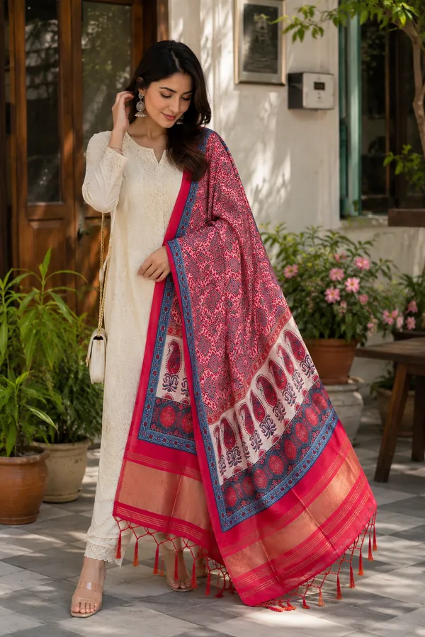 Gaji-Silk-Crimson-Red-Ethnic-Printed-Dupatta-for-Women