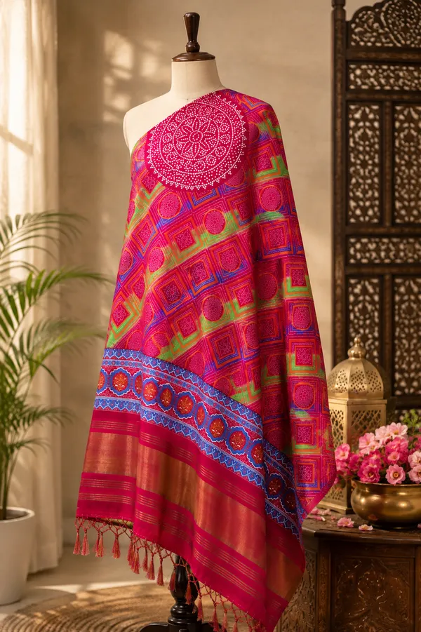 Deep-Fuchsia-Gaji-Silk-Geometric-Printed-Dupatta-with-Royal-Blue-Zari-Border