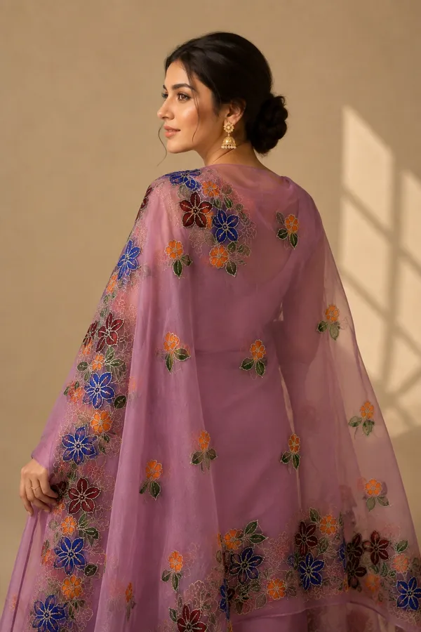 Premium-Lavender-Organza-Dupatta-with-Multicolor-Floral-Embroidery-|-Designer-Party-Wear-|-Lightweight-Luxury-Ethnic-Dupatta-for-Women