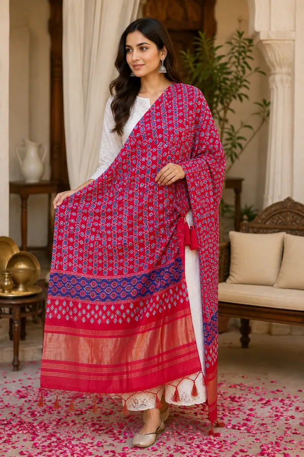 Rani-Pink-&-Royal-Blue-Ajrakh-Printed-Gaji-Silk-Dupatta-with-Zari-Border