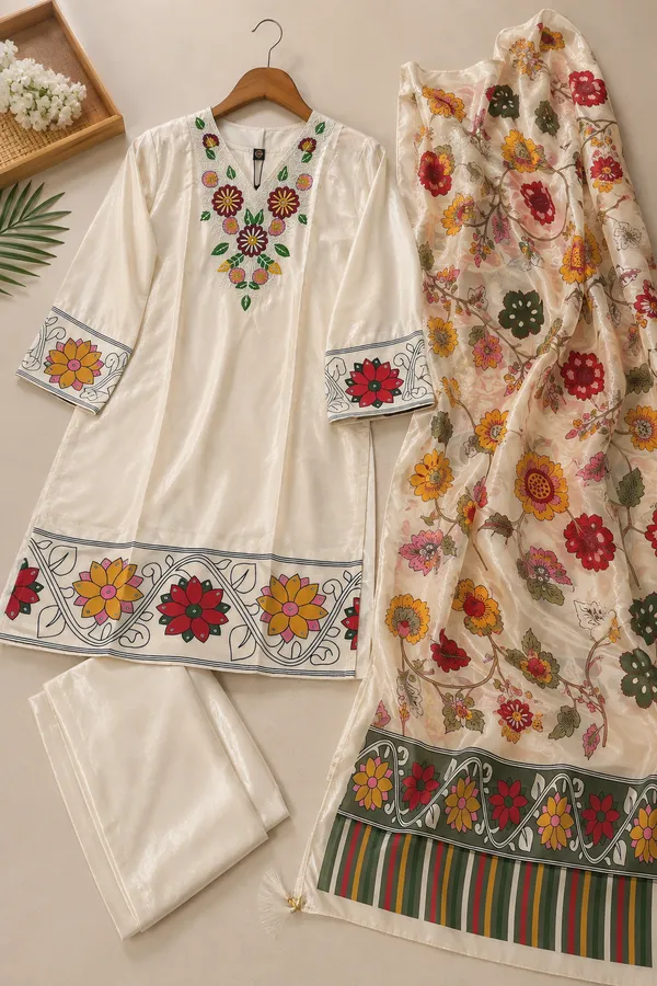 Cream_Embroidered_Kurti_Pant_Set_with_Floral_Printed_Dupatta__3_Piece_Ethnic_Suit_Set