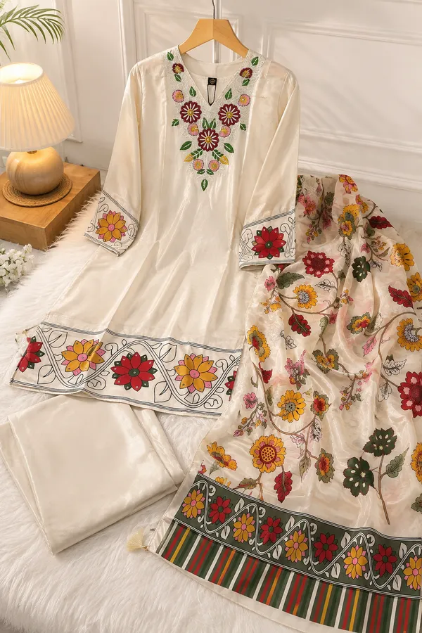 Cream_Embroidered_Kurti_Pant_Set_with_Floral_Printed_Dupatta__3_Piece_Ethnic_Suit_Set