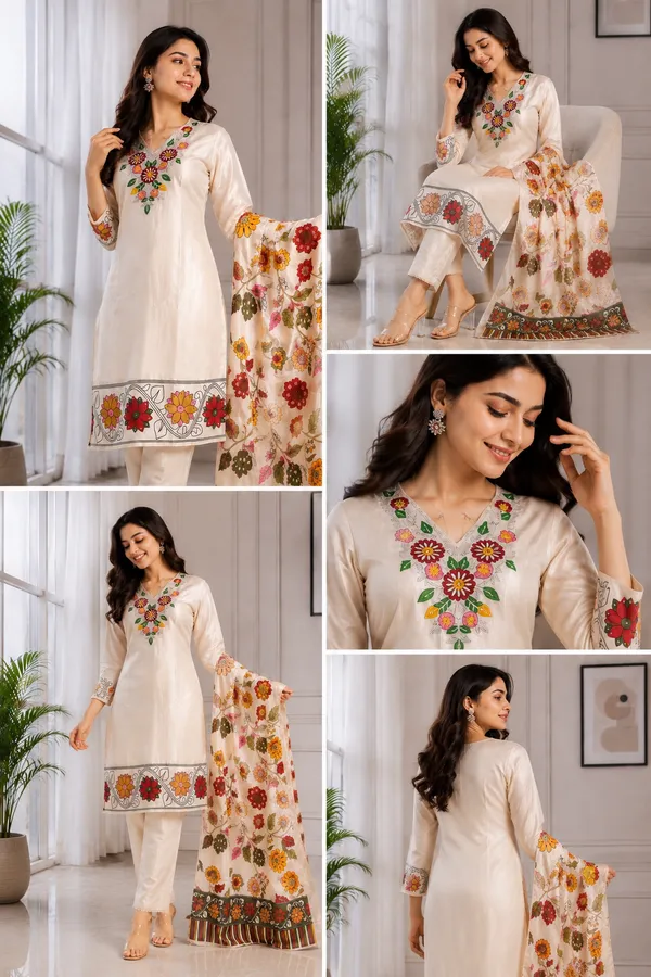 Cream_Embroidered_Kurti_Pant_Set_with_Floral_Printed_Dupatta__3_Piece_Ethnic_Suit_Set