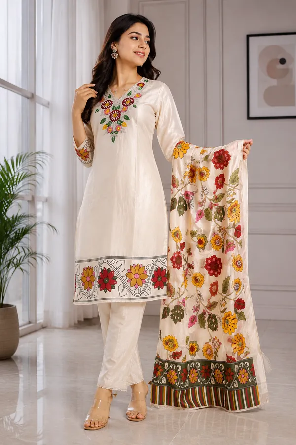 Cream_Embroidered_Kurti_Pant_Set_with_Floral_Printed_Dupatta__3_Piece_Ethnic_Suit_Set