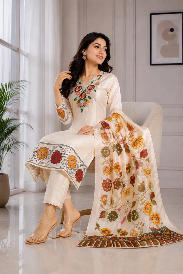 Cream_Embroidered_Kurti_Pant_Set_with_Floral_Printed_Dupatta__3_Piece_Ethnic_Suit_Set