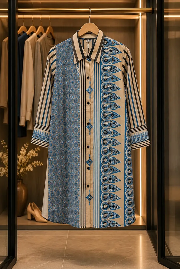 Women’s-Poly-Muslin-Shirt-–-Beige-&-Teal-Blue-Printed-Shirt,-Geometric-&-Ornamental-Print,-Collared,-3-4-Sleeve