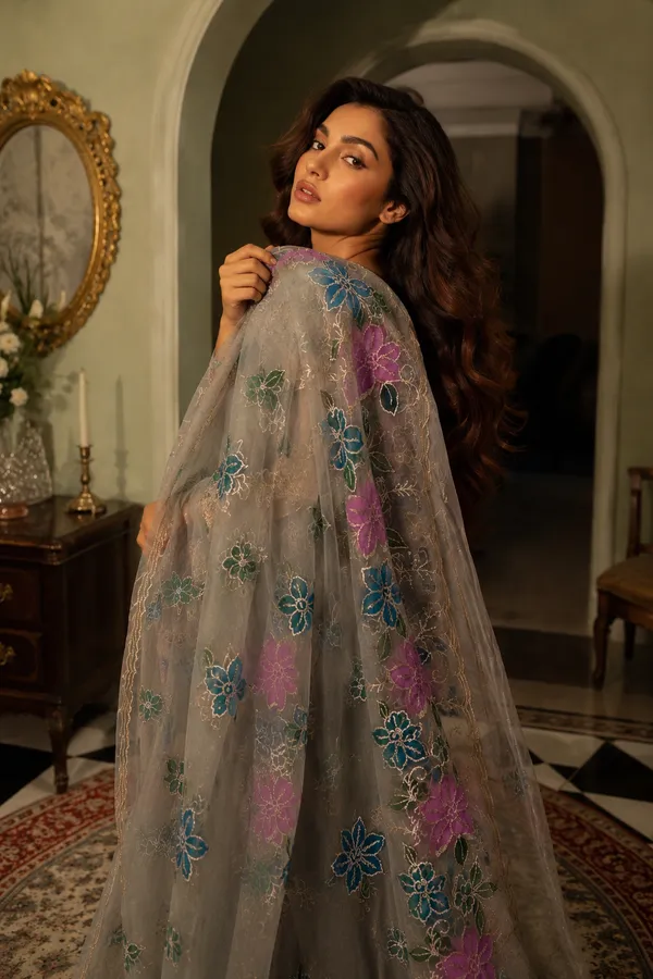 Premium-Taupe(Chikoo)-Organza-Dupatta-with-Multicolor-Floral-Embroidery-|-Lightweight-Designer-Party-Wear-|-Luxury-Ethnic-Dupatta-for-Wome
