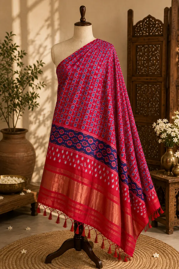 Rani-Pink-&-Royal-Blue-Ajrakh-Printed-Gaji-Silk-Dupatta-with-Zari-Border