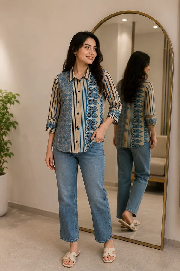 Women’s-Poly-Muslin-Shirt-–-Beige-&-Teal-Blue-Printed-Shirt,-Geometric-&-Ornamental-Print,-Collared,-3-4-Sleeve