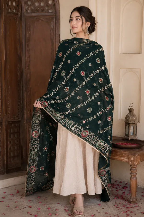 Women’s-Georgette-Embroidered-Dupatta-–-Dark-Bottle-Green