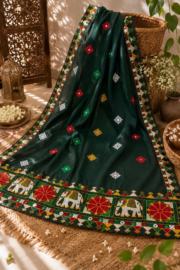 Dark_Green_Chanderi_Embroidered_Elephant_Border_Dupatta.
