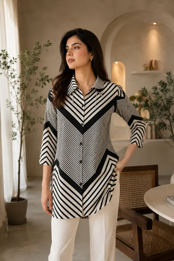 Women’s-Black-&-Ivory-Geometric-Printed-3-4-Sleeve-Poly-Muslin-Shirt-|-Stylish-Casual-Western-Wear