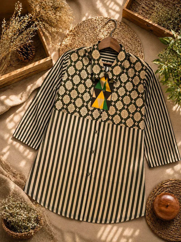 Women’s-Poly-Muslin-Printed-Shirt-|-Olive-Green-&-Cream-Floral-Geometric-Print-|-Striped-Color-Block-Shirt-|-Collared-3-4-Sleeve