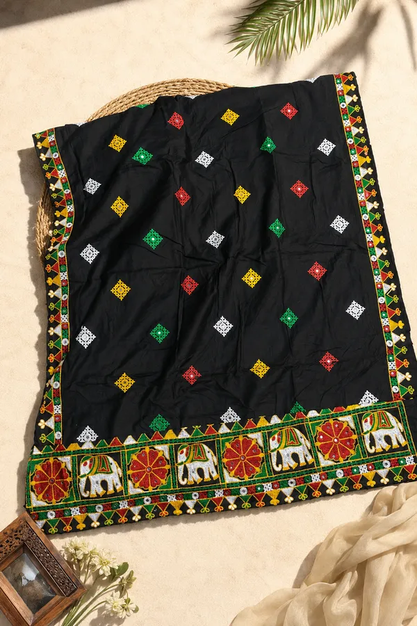 Black_Chanderi_Embroidered_Elephant_Border_Dupatta