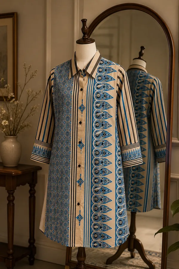 Women’s-Poly-Muslin-Shirt-–-Beige-&-Teal-Blue-Printed-Shirt,-Geometric-&-Ornamental-Print,-Collared,-3-4-Sleeve
