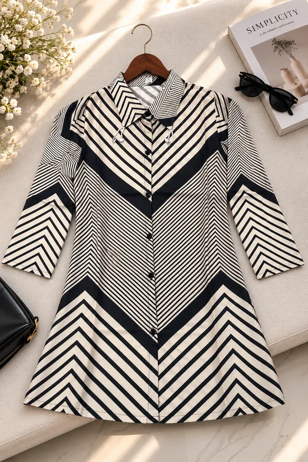 Women’s-Black-&-Ivory-Geometric-Printed-3-4-Sleeve-Poly-Muslin-Shirt-|-Stylish-Casual-Western-Wear