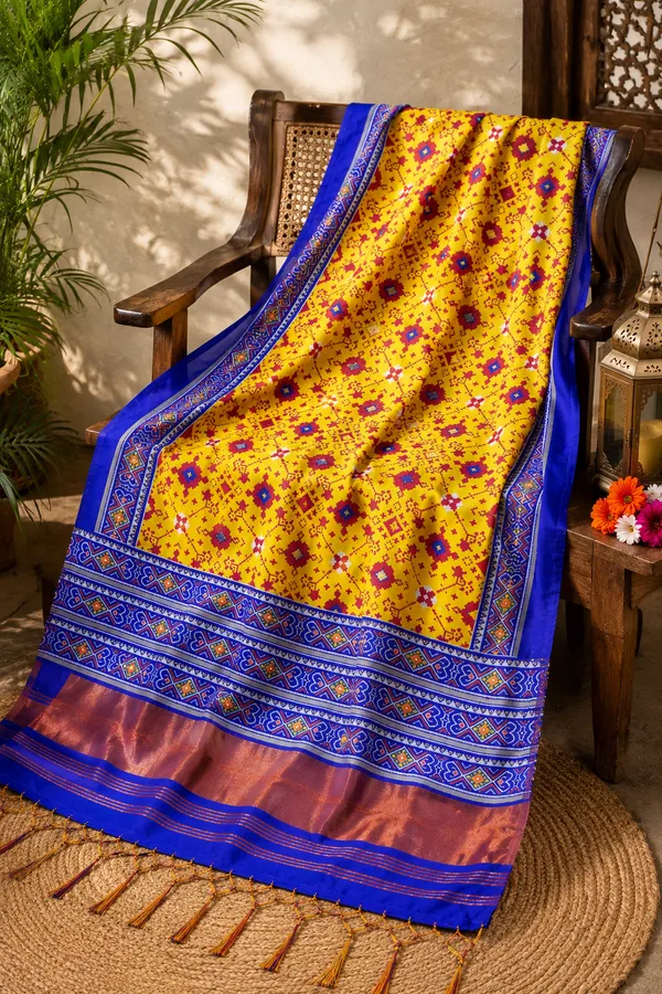 Mustard-Yellow-Gaji-Silk-Patola-Printed-Dupatta-with-Royal-Blue-Zari-Border