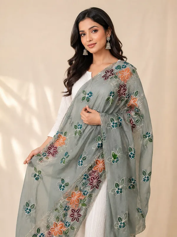 Premium-Sage-Green-Organza-Dupatta-with-Multicolor-Floral-Embroidery-|-Designer-Party-Wear-|-Lightweight-Luxury-Ethnic-Dupatta-for-Women