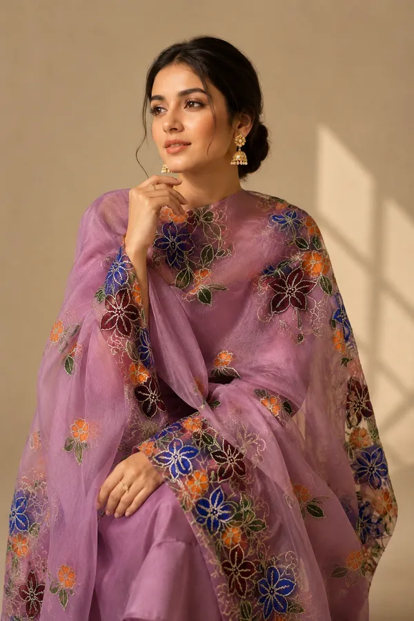Premium-Lavender-Organza-Dupatta-with-Multicolor-Floral-Embroidery-|-Designer-Party-Wear-|-Lightweight-Luxury-Ethnic-Dupatta-for-Women