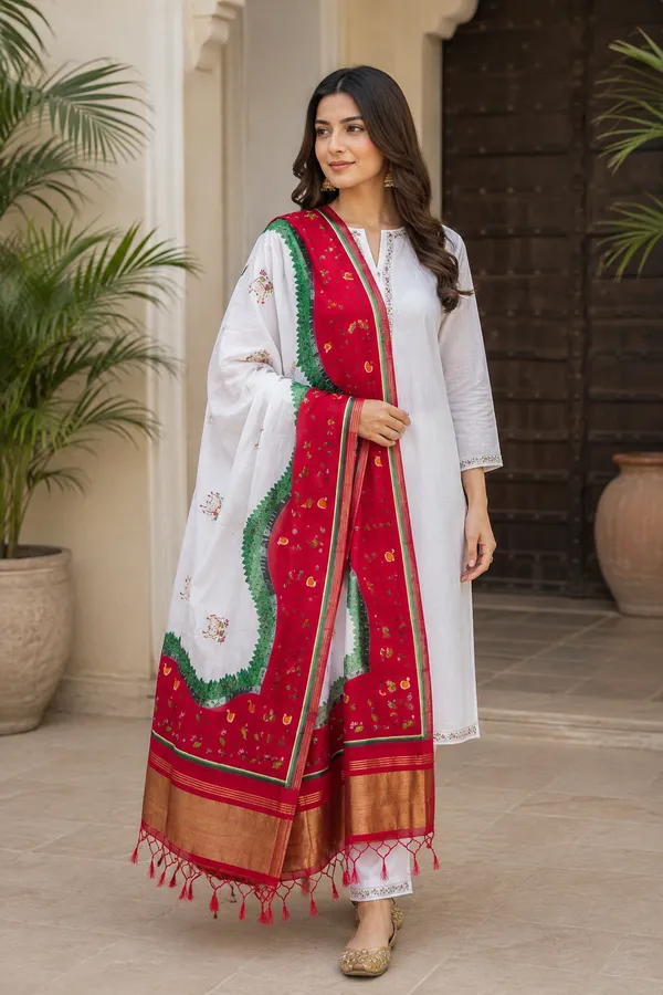 Ivory-&-Cherry-Red-Gaji-Silk-Pichwai-Printed-Dupatta-with-Zari-Border