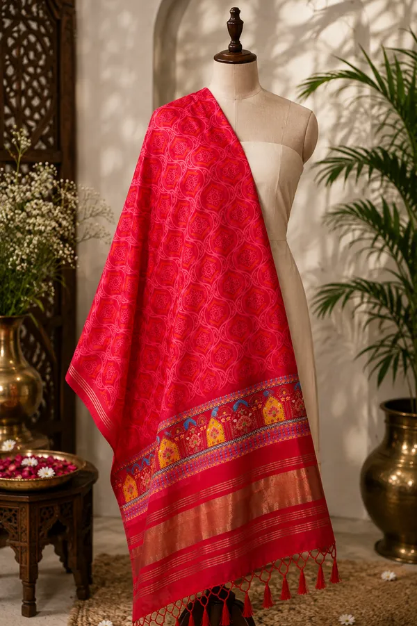 Gaji-Silk-Rani-Pink-Dupatta-for-Women-with-Gold-Zari-&-Traditional-Multicolor-Woven-Border