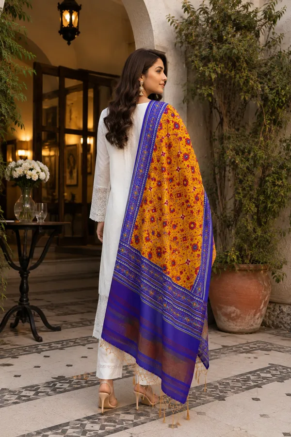 Mustard-Yellow-Gaji-Silk-Patola-Printed-Dupatta-with-Royal-Blue-Zari-Border