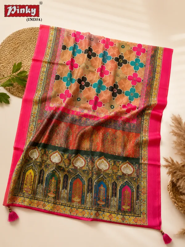Women_kota_crochet_heritage_digital_print_dupatta-_Camel_brown_&Rani_pink
