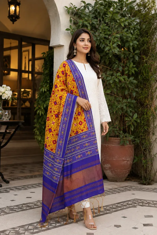 Mustard-Yellow-Gaji-Silk-Patola-Printed-Dupatta-with-Royal-Blue-Zari-Border