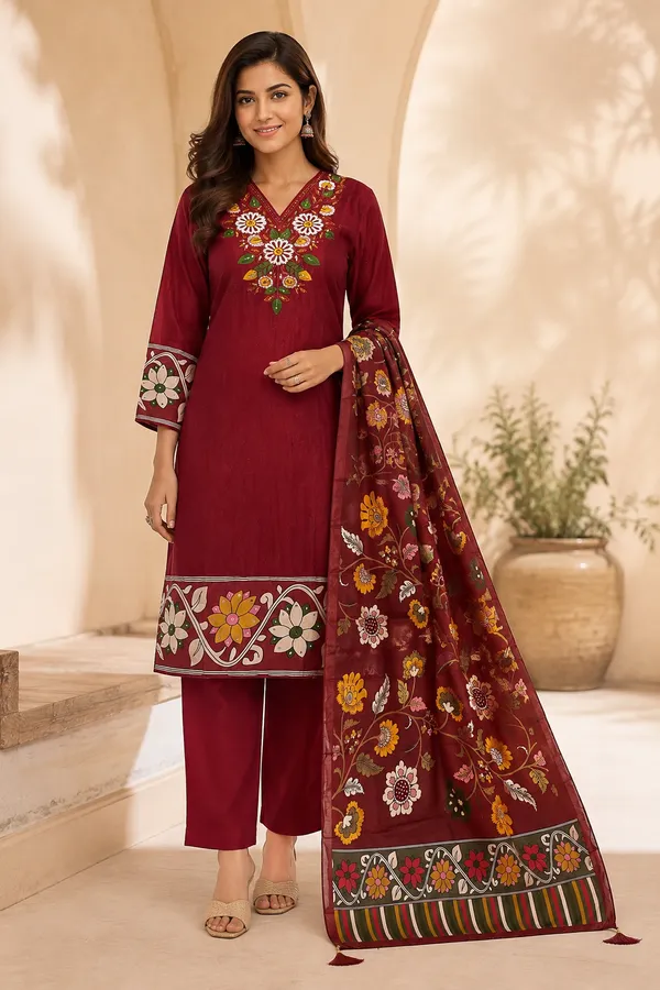 Maroon_Floral_Embroidered_Kurta_Palazzo_Set_with_Printed_Dupatta__3_Piece_Women_Ethnic_Suit_Set