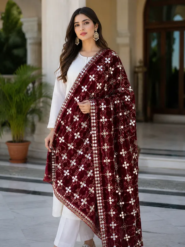 Maroon_Trill_Net_Mirror_Work_Embroidered_Dupatta