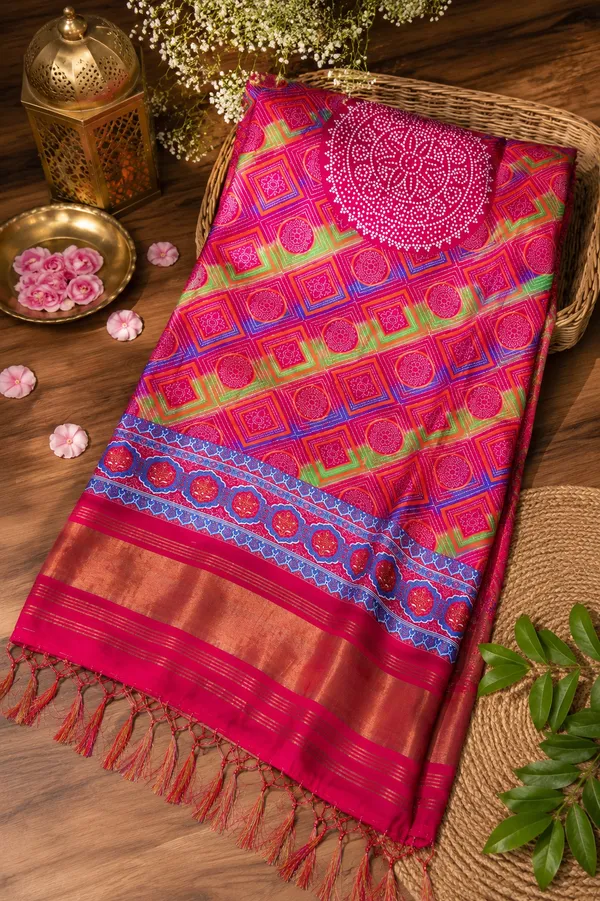 Deep-Fuchsia-Gaji-Silk-Geometric-Printed-Dupatta-with-Royal-Blue-Zari-Border