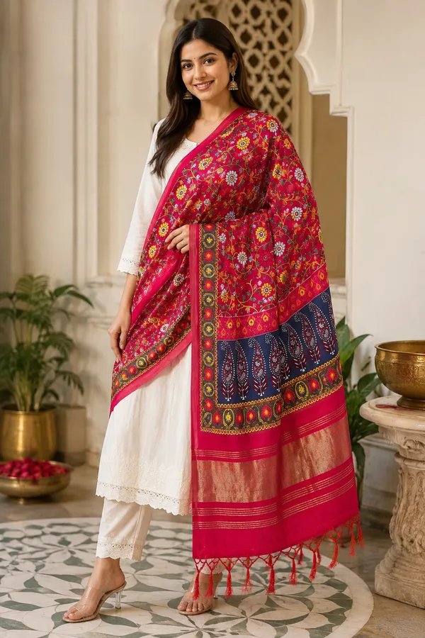 Crimson-Red-Gaji-Silk-Floral-Printed-Dupatta-with-Zari-Border