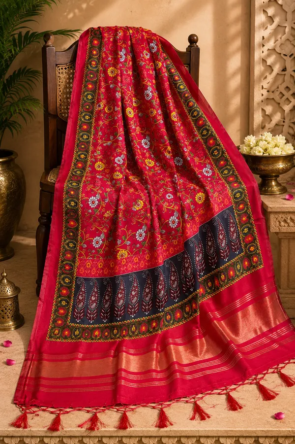 Crimson-Red-Gaji-Silk-Floral-Printed-Dupatta-with-Zari-Border