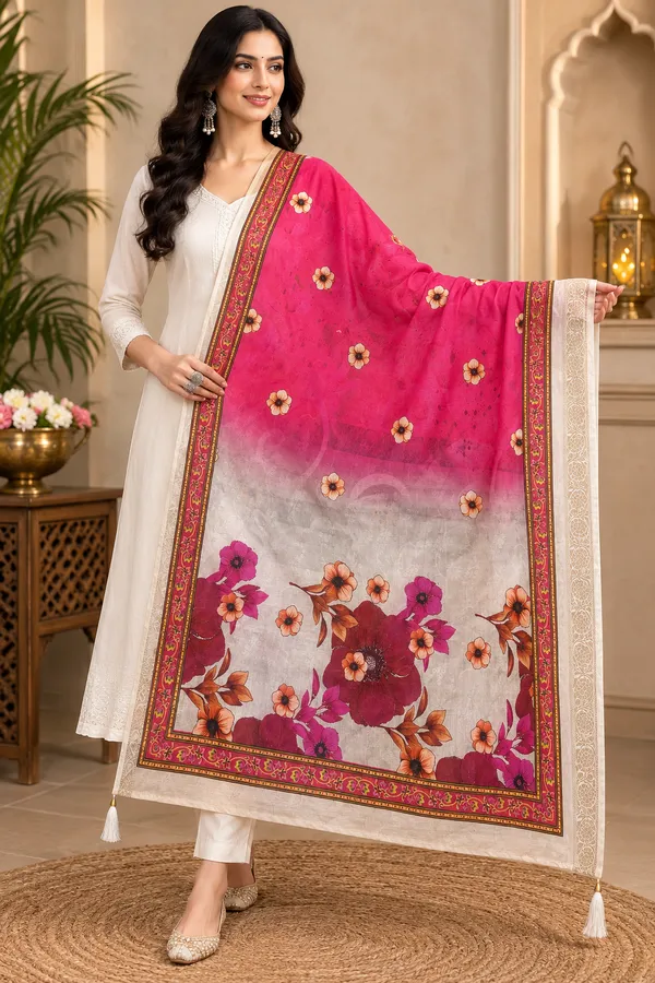 Women’s_Muslin_Jacquard_Floral_Digital_Print_Dupatta_–_Rani_Pink_&_Ivory_White