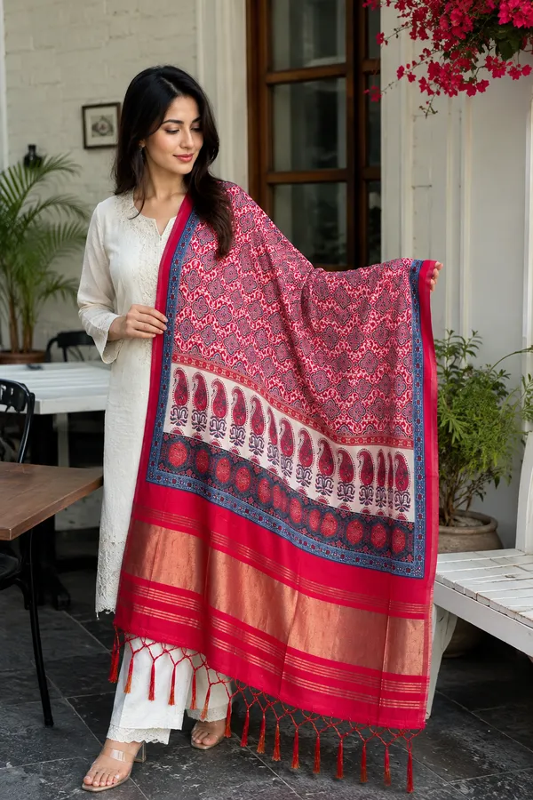 Gaji-Silk-Crimson-Red-Ethnic-Printed-Dupatta-for-Women