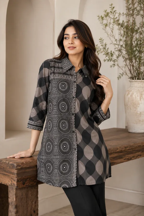 Women’s-Poly-Muslin-Printed-Shirt-|-Charcoal-Black-&-Dove-Grey-Geometric-Print-|-Collared-Button-Down-Shirt-|-3-4-Sleeve